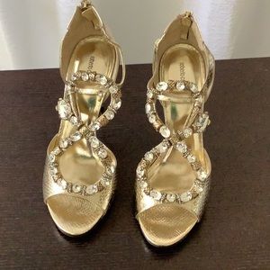 Roberto Cavalli high heels open toe, sz 40, Gold